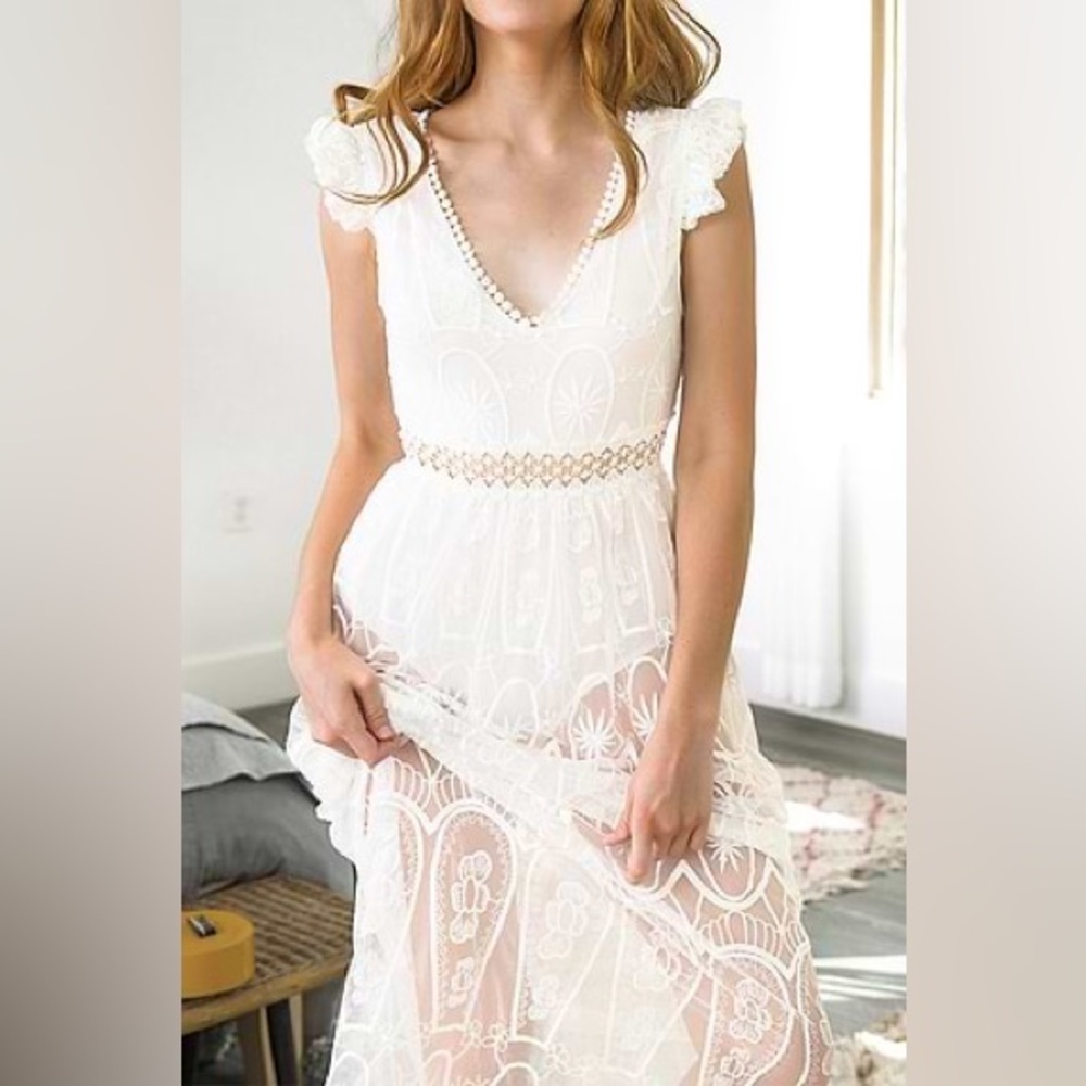 Lace White Maxi Deep V Neck Bodysuit Lace Dress S - Picture 6 of 11